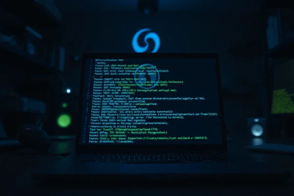The official hidden wiki display on a laptop screen in a dimly lit tech room