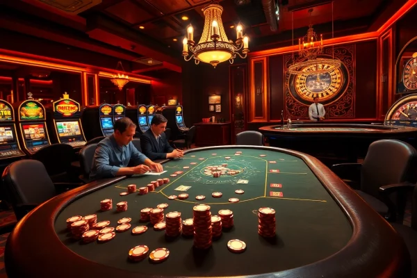 Engaged gamblers enjoying a co88-themed high-stakes poker game in a luxurious casino atmosphere.