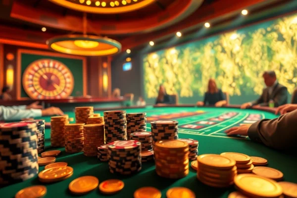 Poker players at an exciting table in a vibrant casino scene representing the 789P experience.