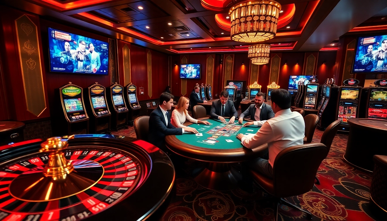 The thrilling gaming experience at https://tg88pro.com/ with vibrant slot machines and engaged players at the poker table.