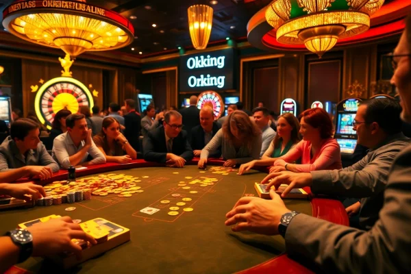 Players enjoying poker and roulette at a luxury casino, embracing the Okking spirit of excitement.