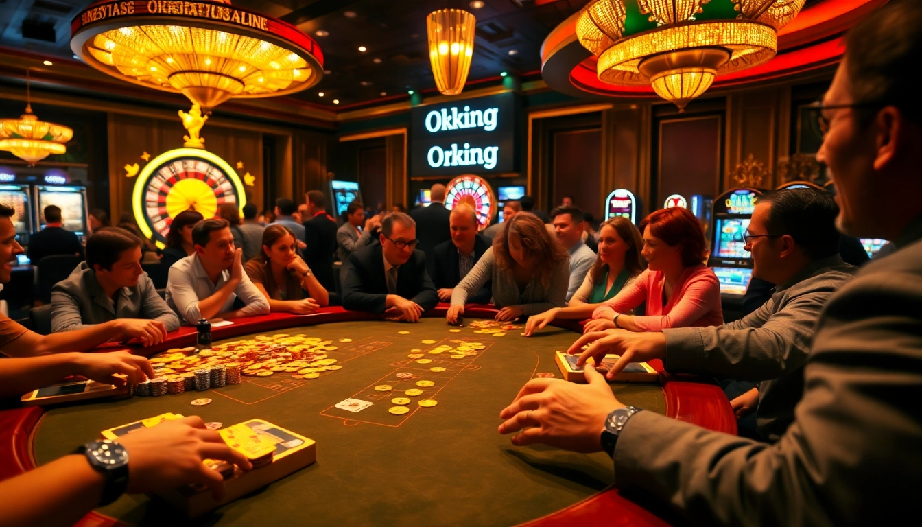 Players enjoying poker and roulette at a luxury casino, embracing the Okking spirit of excitement.