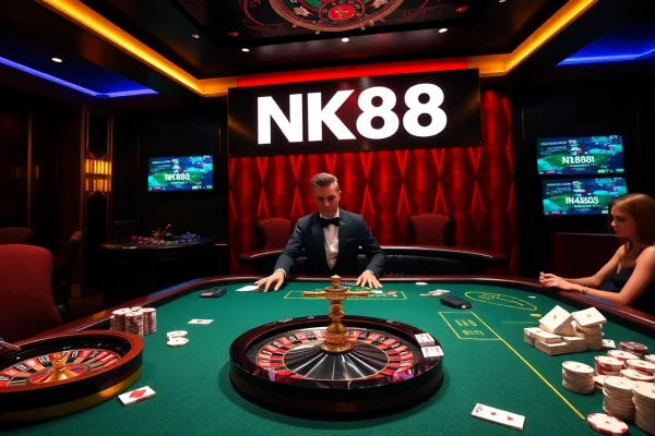 Engaged players enjoying a professional gaming experience at NK88 casino with poker chips and cards.