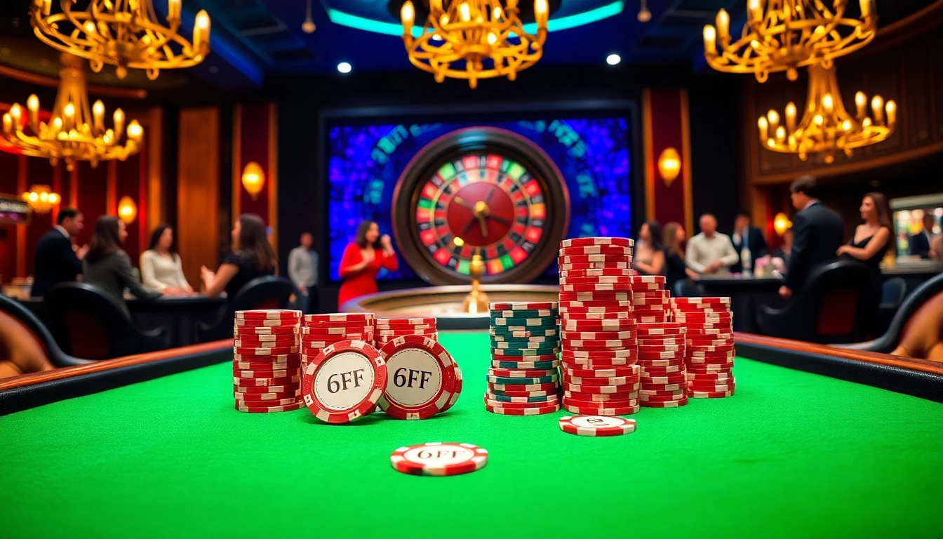 The vibrant gambling atmosphere at 6FF casino with a luxurious poker table and inviting roulette wheel.