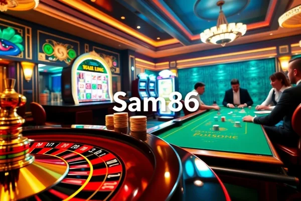 Engaged players strategizing at Sam86 online casino table with vibrant gaming elements.