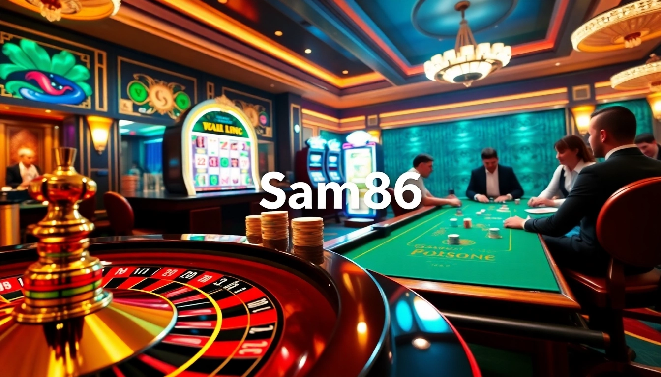 Engaged players strategizing at Sam86 online casino table with vibrant gaming elements.