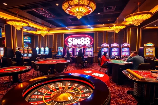 Players excitedly engaging with Sin88 gaming elements at vibrant casino tables.