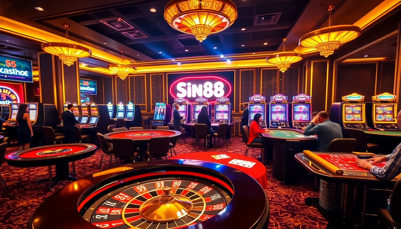 Players excitedly engaging with Sin88 gaming elements at vibrant casino tables.