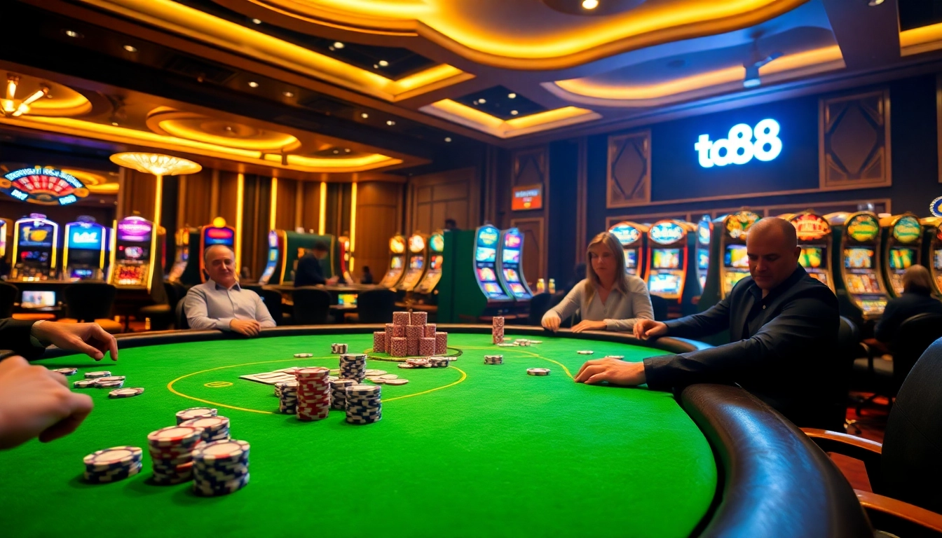 Players engaging with ta88 poker chips at a high-stakes casino table.