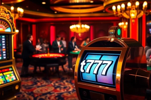 Experience the thrill of slot777 with a vibrant casino scene, featuring luxurious slot machines and excited players.