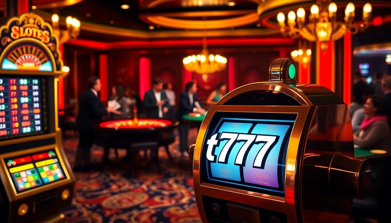 Experience the thrill of slot777 with a vibrant casino scene, featuring luxurious slot machines and excited players.