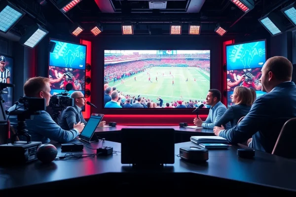 Hosts engaging in Sports Broadcasting with live action in a vibrant studio.
