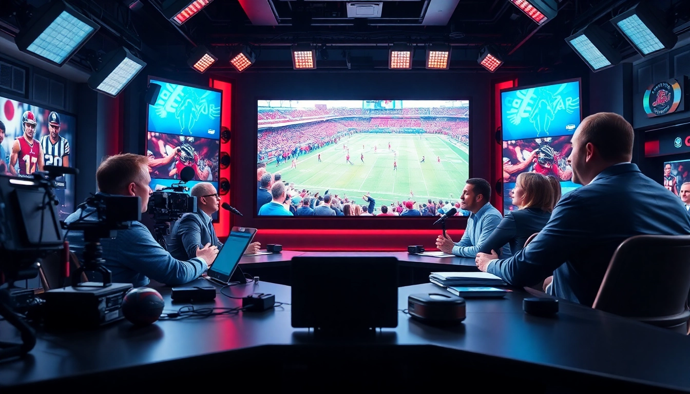 Hosts engaging in Sports Broadcasting with live action in a vibrant studio.