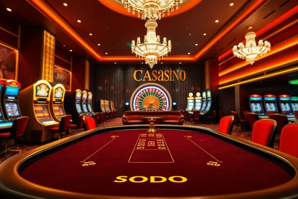 SODO CASINO showcases an elegant poker game atmosphere with vibrant slot machines and a roulette wheel.