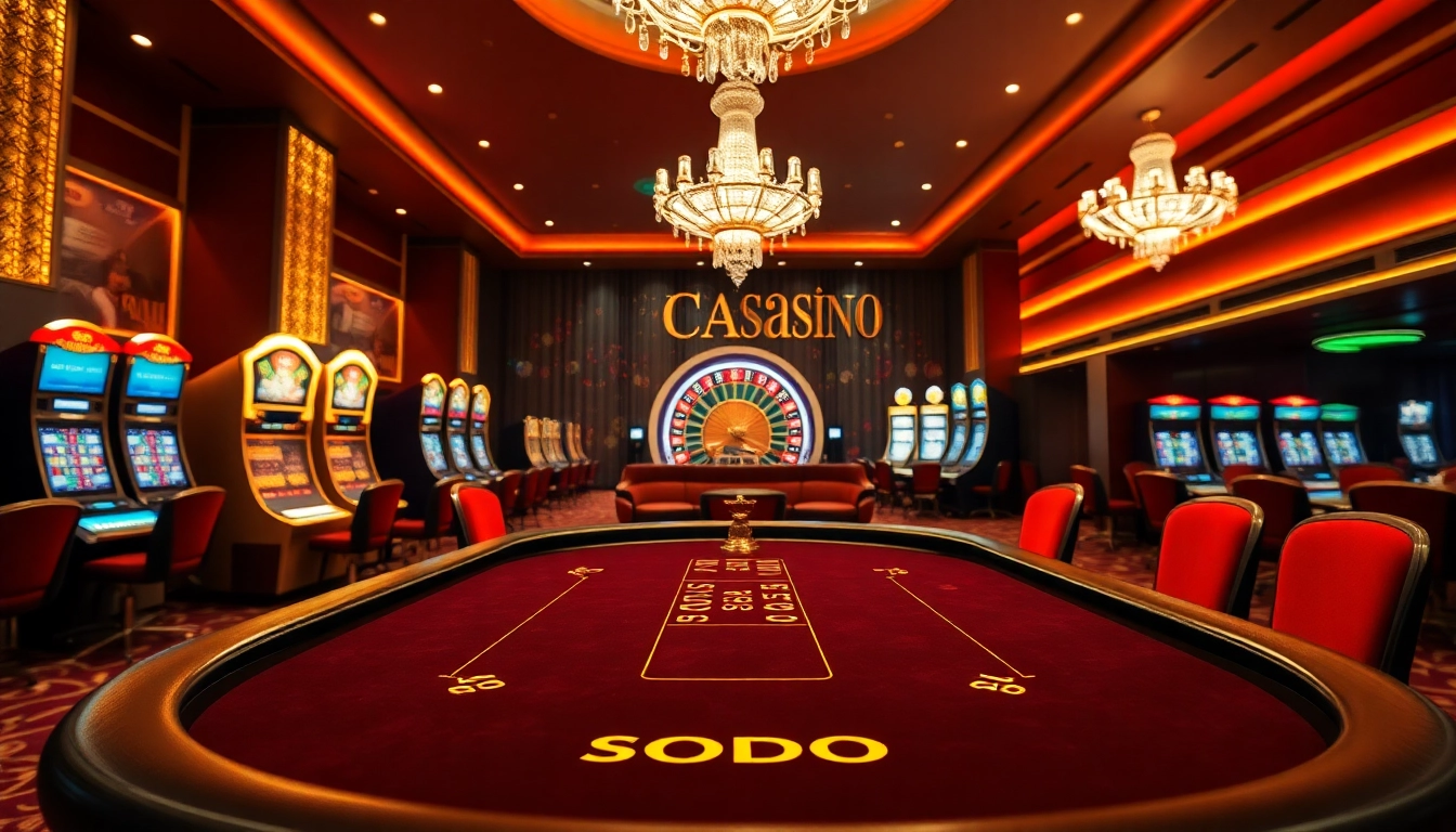 SODO CASINO showcases an elegant poker game atmosphere with vibrant slot machines and a roulette wheel.