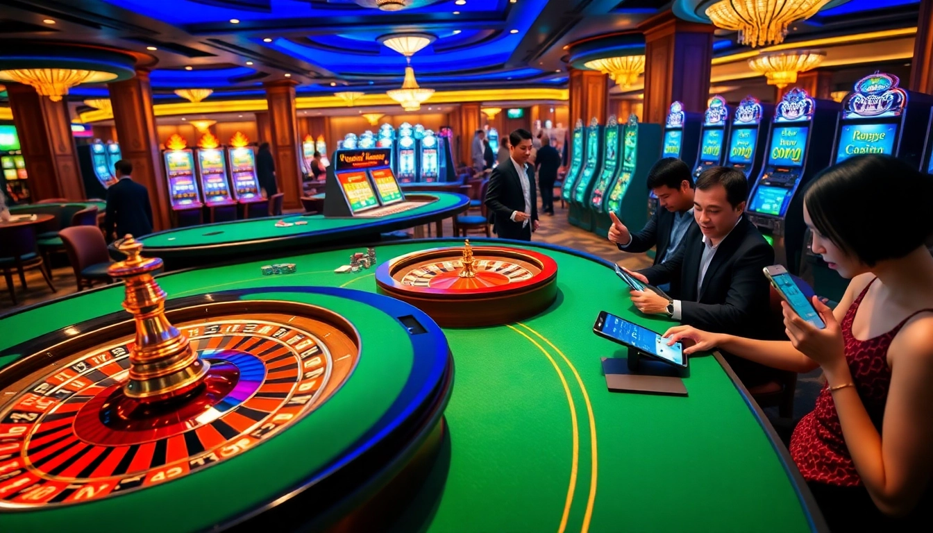 Engaging scene showcasing excitement at nhà cái kjc casino with vibrant tables and online betting.