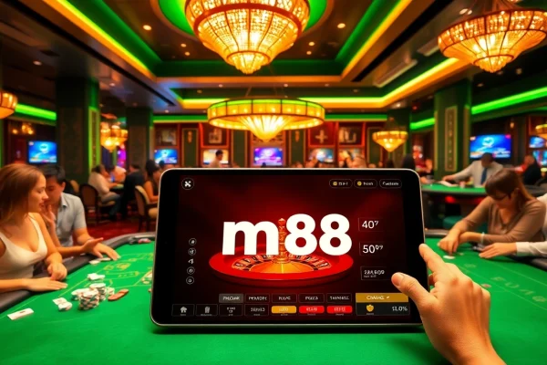 Gamblers enjoying high-stakes games and sports betting on mm 88's modern platform in a vibrant casino setting.