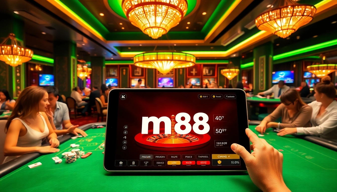 Gamblers enjoying high-stakes games and sports betting on mm 88's modern platform in a vibrant casino setting.