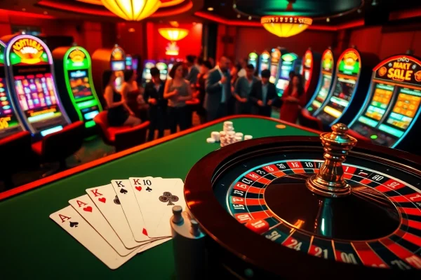 Bongdalu-themed casino scene showcasing roulette, slot machines, and excited gamblers.