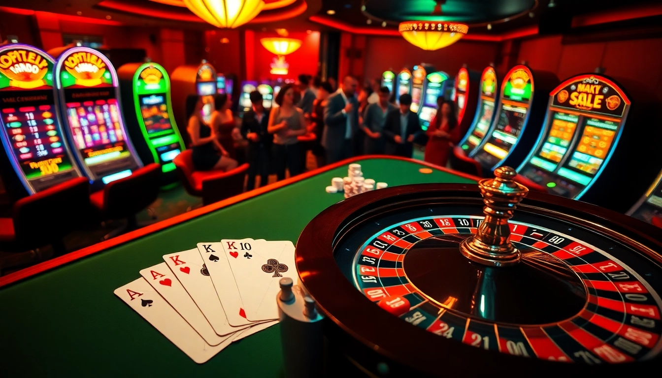Bongdalu-themed casino scene showcasing roulette, slot machines, and excited gamblers.