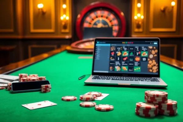 bk8 สมัครสมาชิก online casino environment with a sleek laptop and betting chips on a gaming table