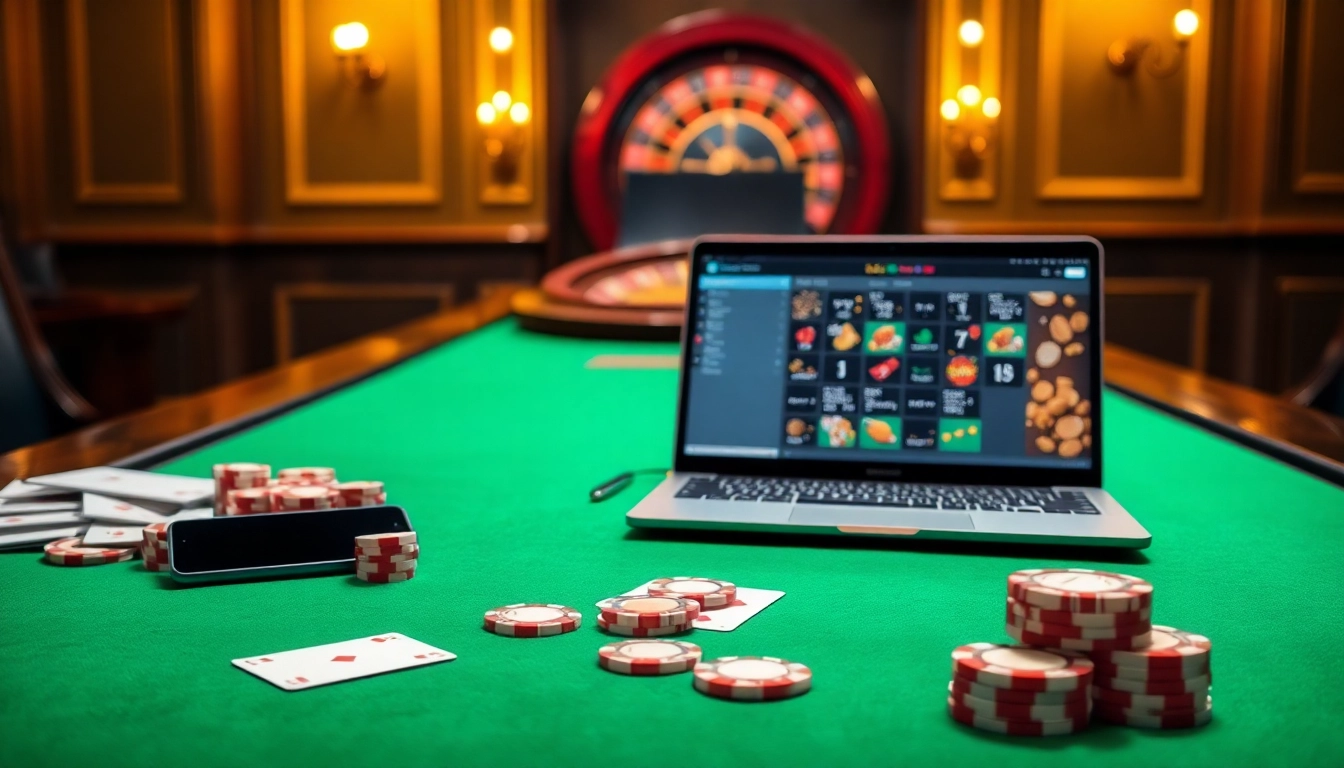 bk8 สมัครสมาชิก online casino environment with a sleek laptop and betting chips on a gaming table