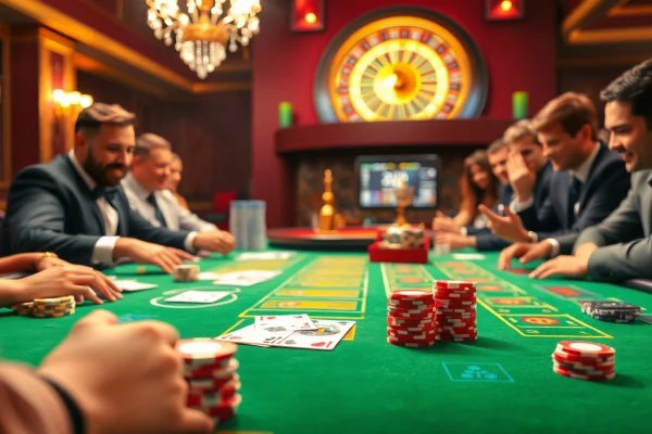 SODO66 players celebrating a winning hand at a luxurious blackjack table in an opulent casino setting.