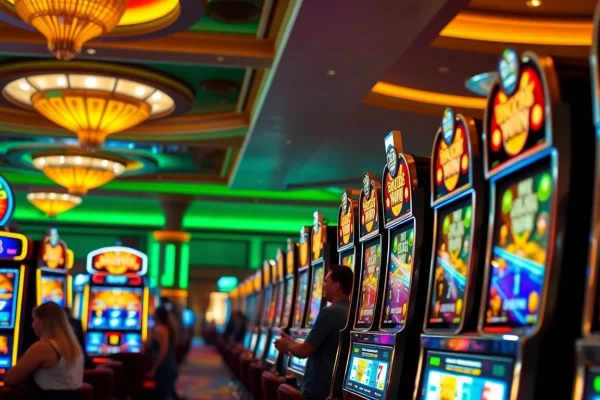 Pemain yang bersemangat menikmati permainan slot gacor di suasana kasino yang mewah.