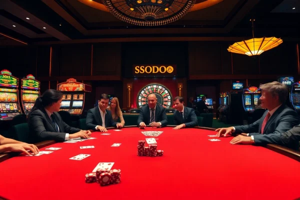 SODO Casino scene with poker table, high-stakes chips, and vibrant atmosphere.