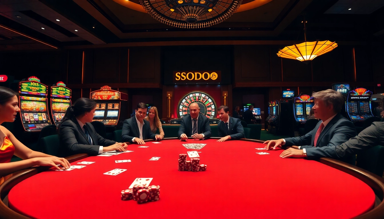 SODO Casino scene with poker table, high-stakes chips, and vibrant atmosphere.