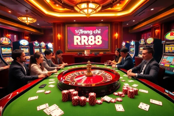 Engaging casino scene showcasing "Trang chủ RR88" with a vibrant roulette table and enthusiastic players, embodying excitement.