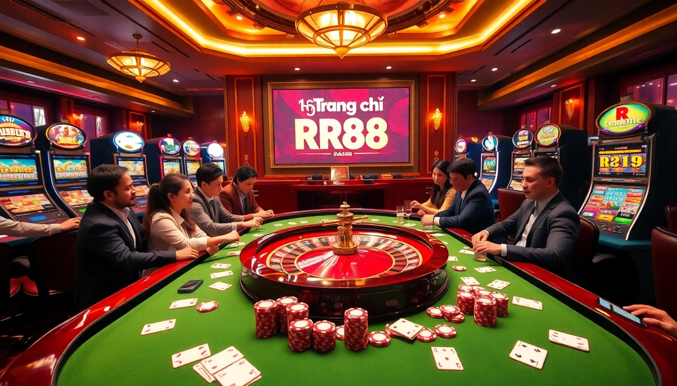 Engaging casino scene showcasing "Trang chủ RR88" with a vibrant roulette table and enthusiastic players, embodying excitement.