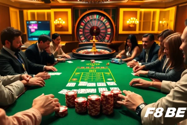Experience high-stakes gaming at F8BET's luxurious casino poker table with enthusiastic players.