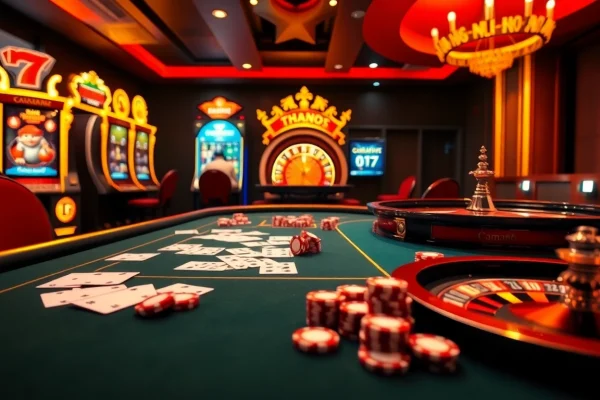 Engage with the link thabet at a luxurious casino scene featuring poker tables, slot machines, and roulette wheels.