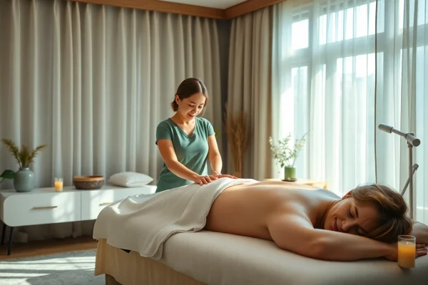 Relaxing 오산출장마사지 session with a young therapist in a serene home environment.