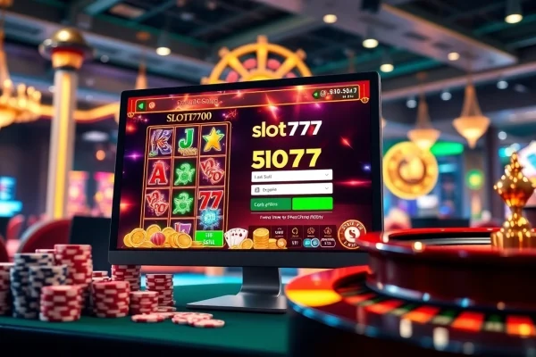 Engaging slot777 login interface with vibrant casino elements, showcasing excitement in online gaming.