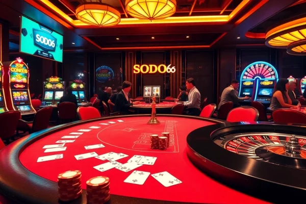 Players enjoying thrilling games at SODO66 casino, showcasing vibrant poker chips and tables.