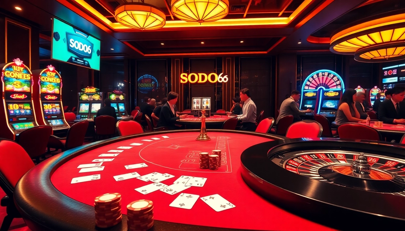Players enjoying thrilling games at SODO66 casino, showcasing vibrant poker chips and tables.
