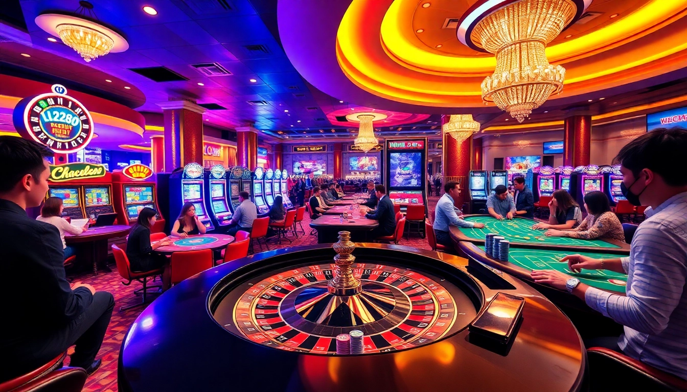 Players enjoying immersive gambling experiences at lc88 casino with vibrant games and poker tables.