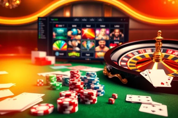 Exciting casino scene featuring high-stakes poker and roulette inspired by https://viscard.de.com/.