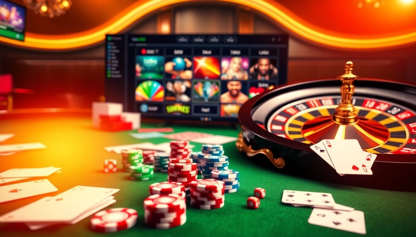 Exciting casino scene featuring high-stakes poker and roulette inspired by https://viscard.de.com/.