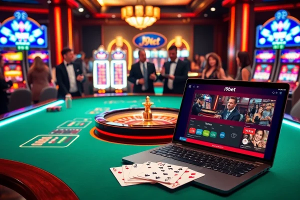 A thrilling scene at a casino featuring gamblers at the i9bet roulette table, showcasing excitement and luxury.