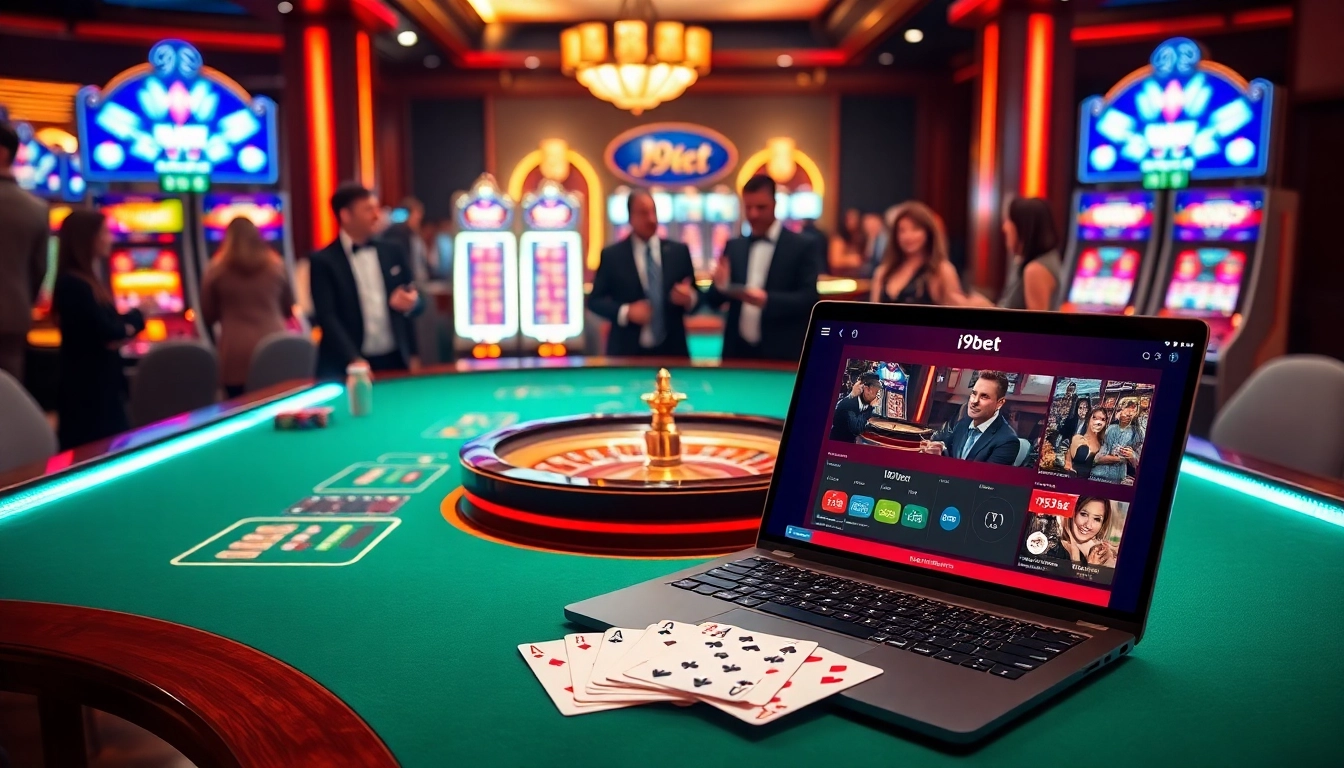 A thrilling scene at a casino featuring gamblers at the i9bet roulette table, showcasing excitement and luxury.
