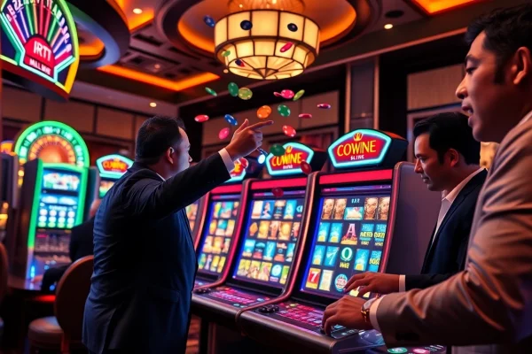 Experience RTP Live with players celebrating at an engaging slot machine in a luxurious casino.