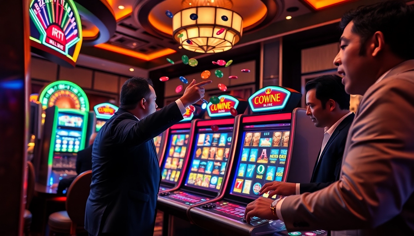 Experience RTP Live with players celebrating at an engaging slot machine in a luxurious casino.