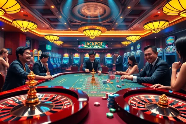 Nổ Hũ Đổi Thưởng with dynamic slot machines and roulette wheels in a luxurious casino setting.