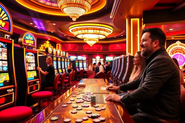 Players enjoying captivating idn slot games in a vibrant casino atmosphere with bright machines and excitement.