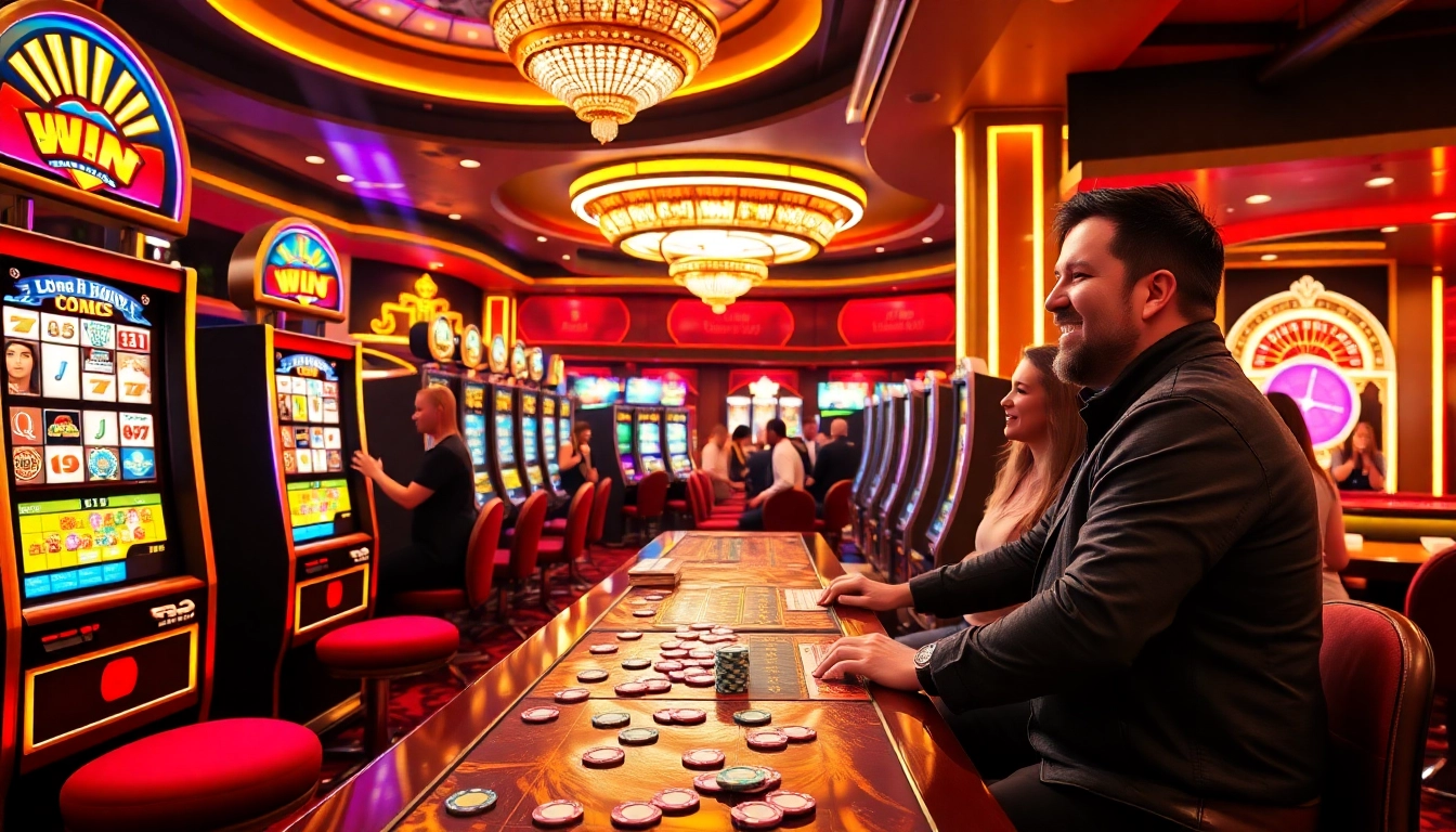 Players enjoying captivating idn slot games in a vibrant casino atmosphere with bright machines and excitement.