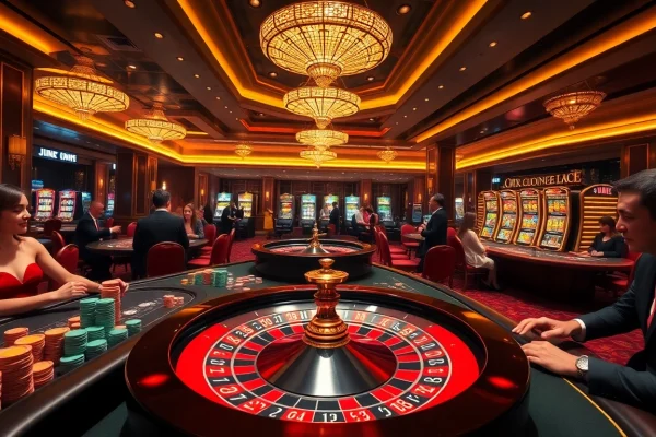 Experience the excitement of Jun888 with vibrant casino games and elegant players at the tables.