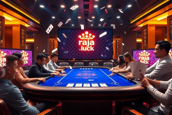 Intense poker action at raja luck casino, featuring vibrant chips and glowing cards.